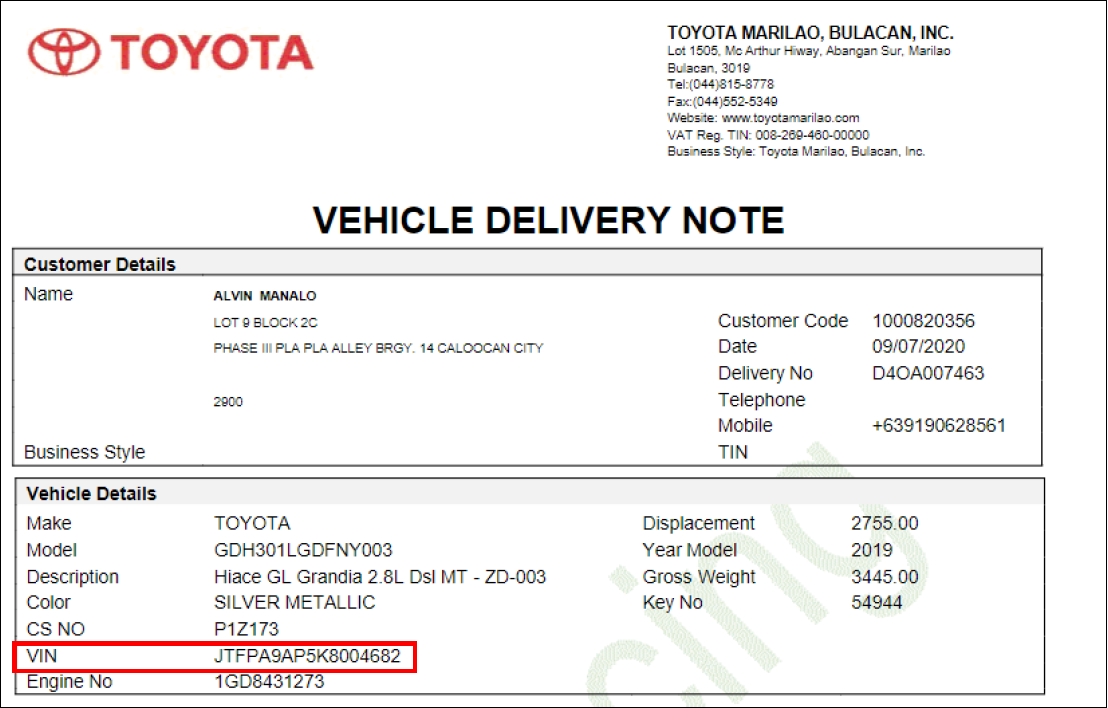 Vehicle Sales Invoice