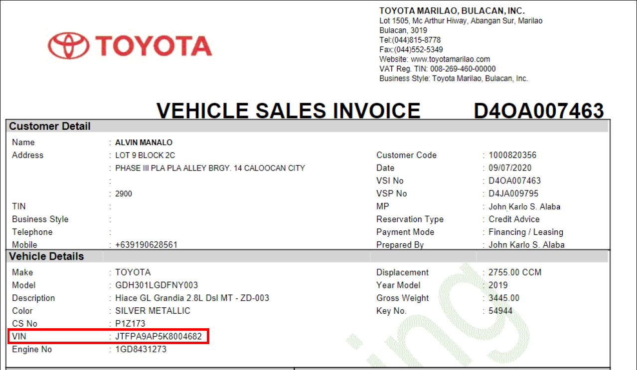 Vehicle Sales Invoice